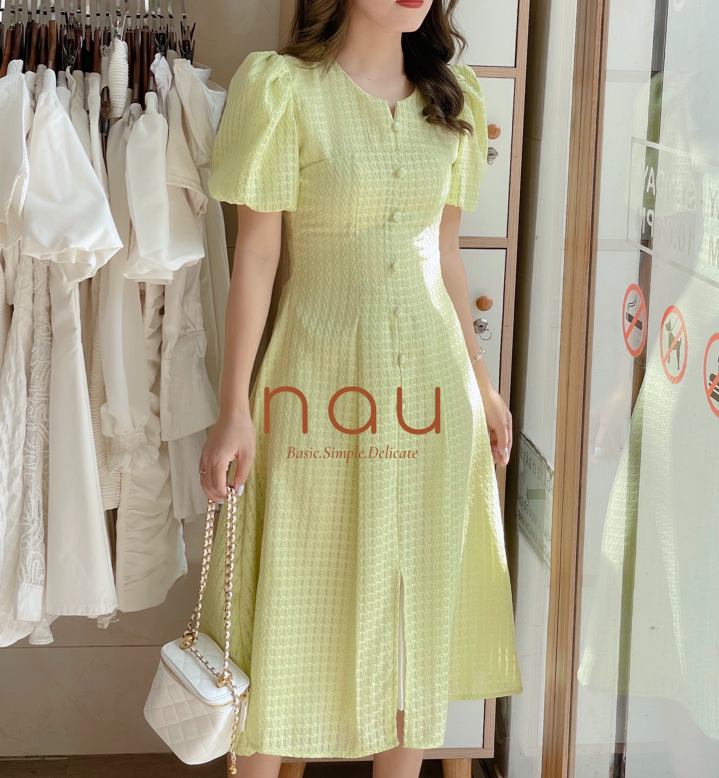 Đầm tay phồng phối nút bọc xẻ tà 5 màu