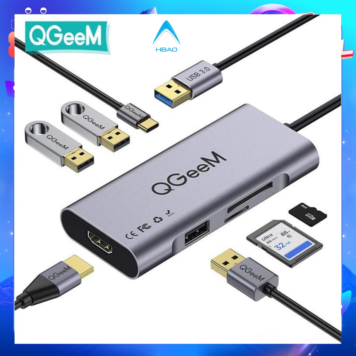 Bộ Hub thiết bị cổng cáp QGeeM chia chuyển đổi đa năng USB 3.0 4K 7 trong