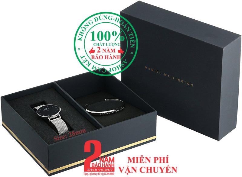 Hộp quà đồng hồ nữ D.W Classic Petite Sterling 28mm + Vòng tay DW Cuff - màu bạc (Silver)- DW00500528SB