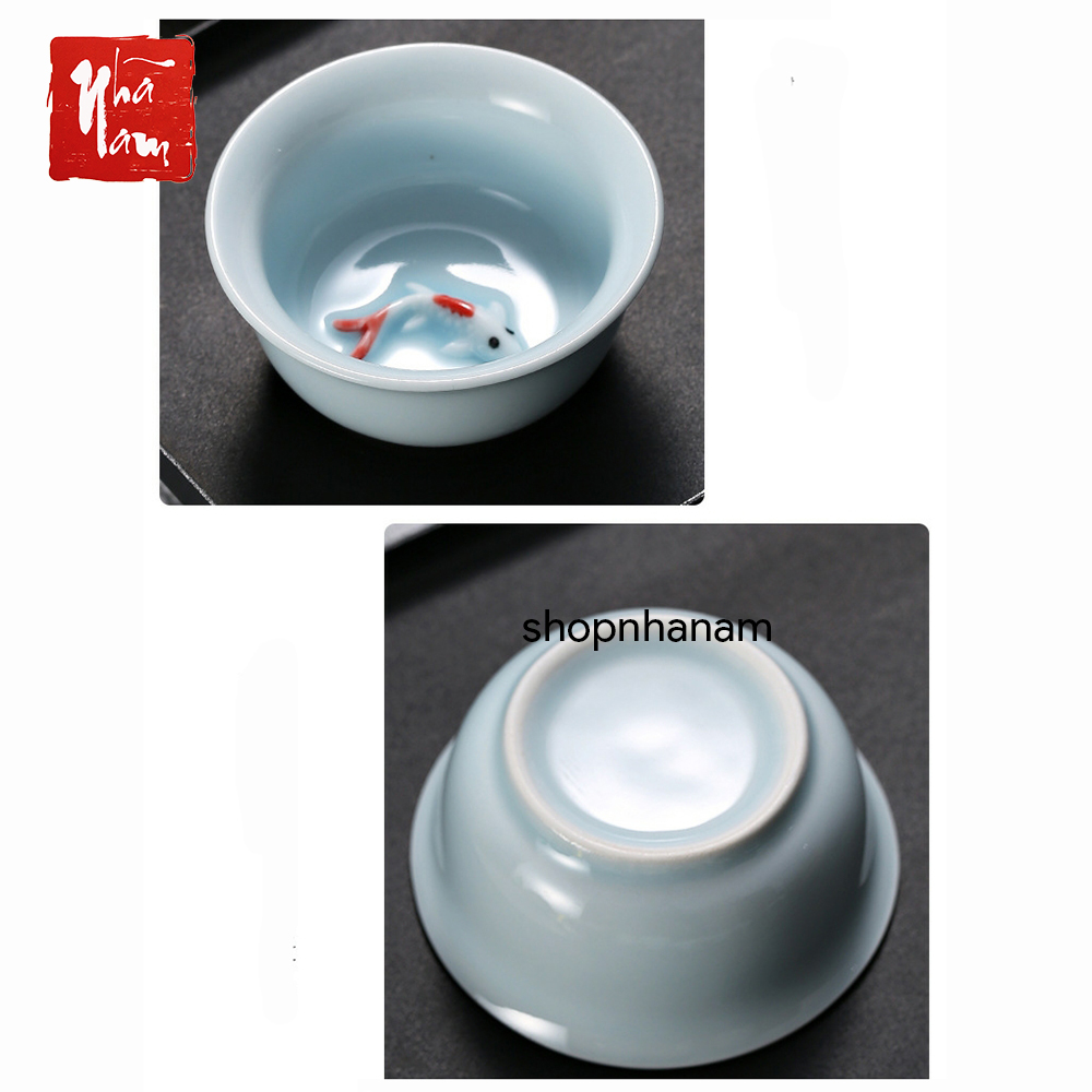 Chén gốm sứ cá chép 3d men ngọc, chén trà phụ kiện bàn trà