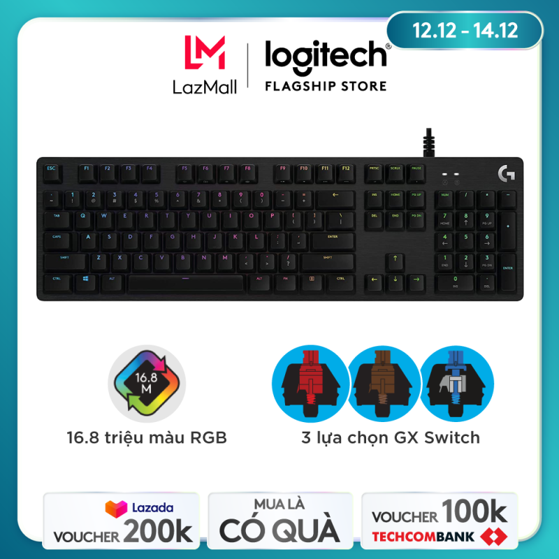 Bàn phím cơ gaming Logitech G512 RGB - Bàn phím cơ, Chất liệu hợp kim nhôm, LIGHTSYNC RGB, 3 Lựa chọn Switch mới GX Red, GX Brown và GX Blue