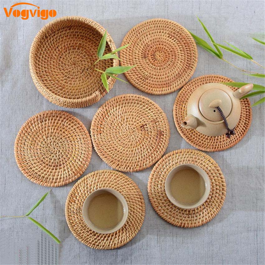 【Ready Stock】Vintage Rattan Weaving Coaster Placemat Cup Mats Pad Drink Tea Table Mat Kitchen