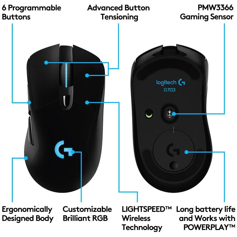 Chuột không dây Logitech G703,Chuột Gaming Không Dây,có Led - Pin sạc - Có cáp, độ bền và hiệu suất vượt trội