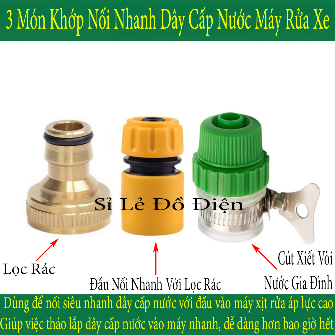 Bộ khớp nối nhanh 3 món kết nối nhanh đầu nước vào cho máy rửa xe | nối đồng đầu nước vào cho máy rửa xe | khớp nối nhanh máy rửa xe | khớp nối nhanh ống nước máy rửa xe | Cút lọc nước đầu vào máy rửa xe áp lực cao