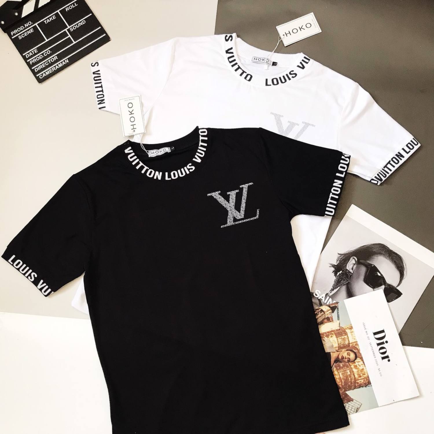 Áo thun nam nữ cổ tròn tay ngắn phối dây cổ in logo LV áo chất cotton thoáng mát thời trang hè hot trend