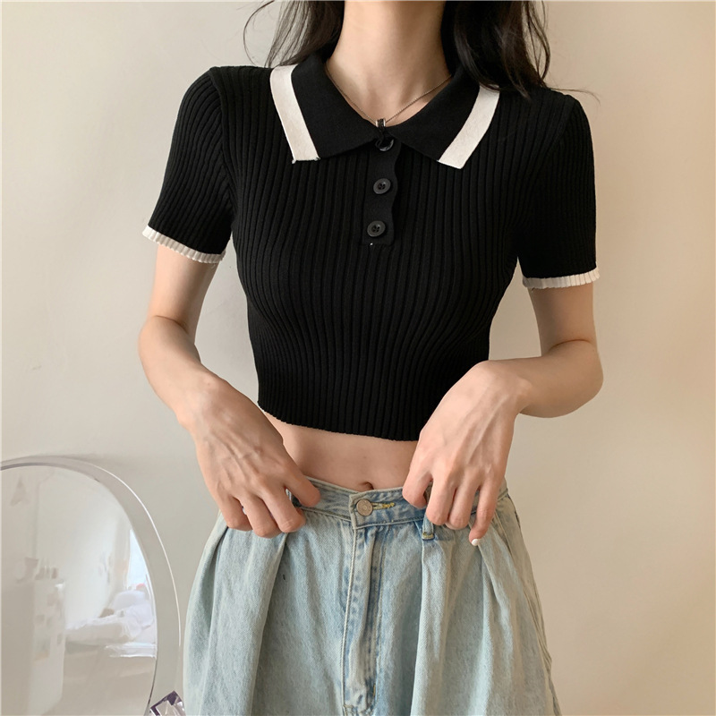 Áo gân cổ bẻ croptop 2 màu siêu chất TTSLA0332