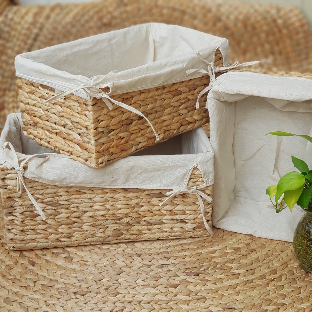 Khay cói/lục bình đựng đồ kèm vải lót đủ size