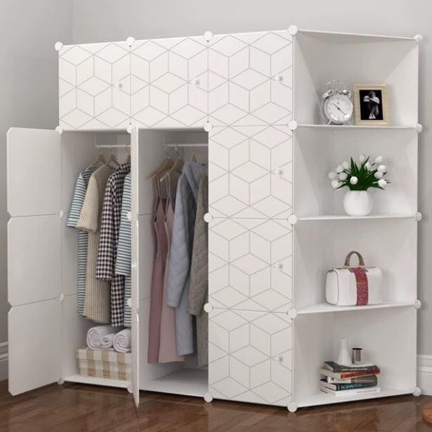 TỦ NHỰA QUẦN ÁO 12 Ô & 4 KỆ GÓC LẮP GHÉP ĐỂ ĐỰNG TREO QUẦN ÁO SIZE TO SÂU 47cm. Tặng 2 treo quần áo