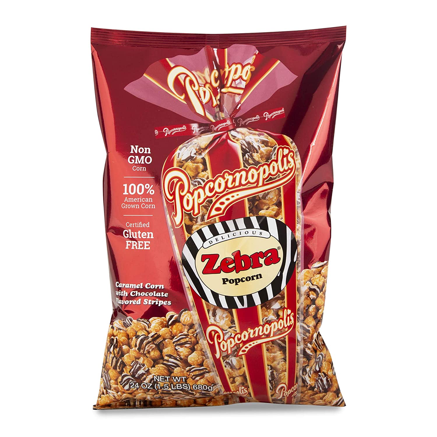 Bắp rang Caramel và Chocolate Popcornopolis zebra Non GMO 680g