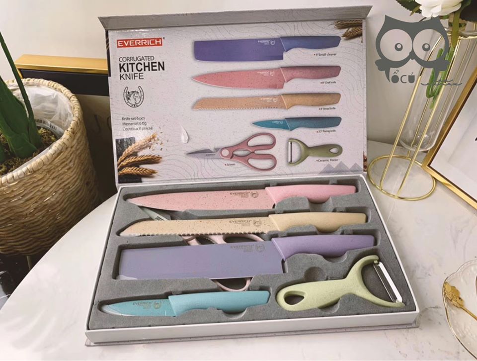 Bộ dao kéo 6 món Everrich Kitchen lúa mạch kháng khuẩn thần thánh siêu sắc siêu sạch - Bộ dao combo - Bộ dao kéo cao cấp - Dao gọt hoa quả - Kéo nhà bếp - Combo bộ dao 6 món lưỡi thép không gỉ kháng khuẩn, tay cầm bằng nhựa lúa mạch