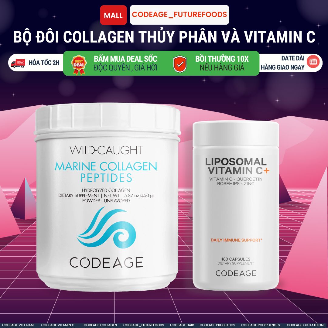 Combo Sáng Da, Chống Lão Hóa Và Chống Nắng Codeage Collagen Peptides + Codeage Liposomal Vitamin C