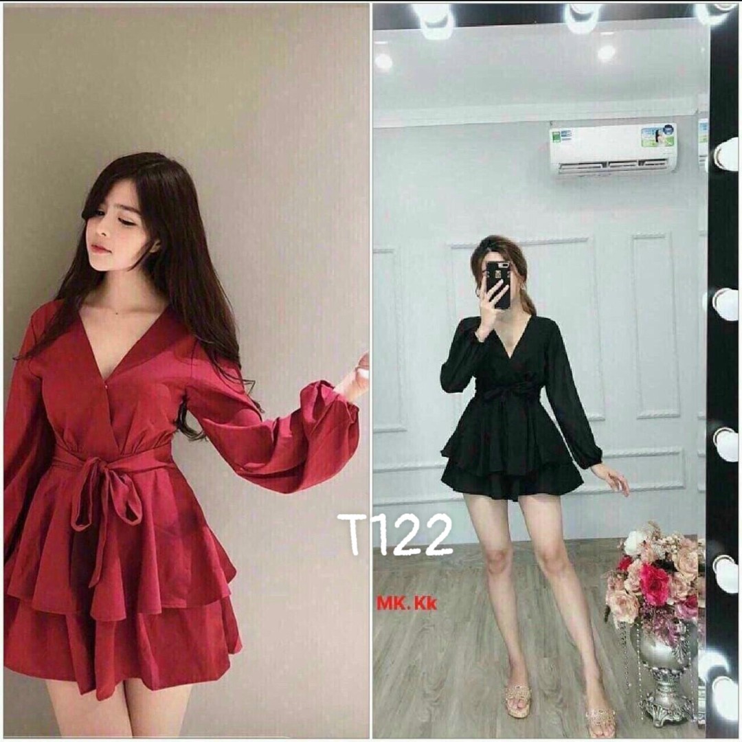 [HCM]Đầm xoè bèo cột nơ eo tay dài cổ v chất liệu umi lụa T122