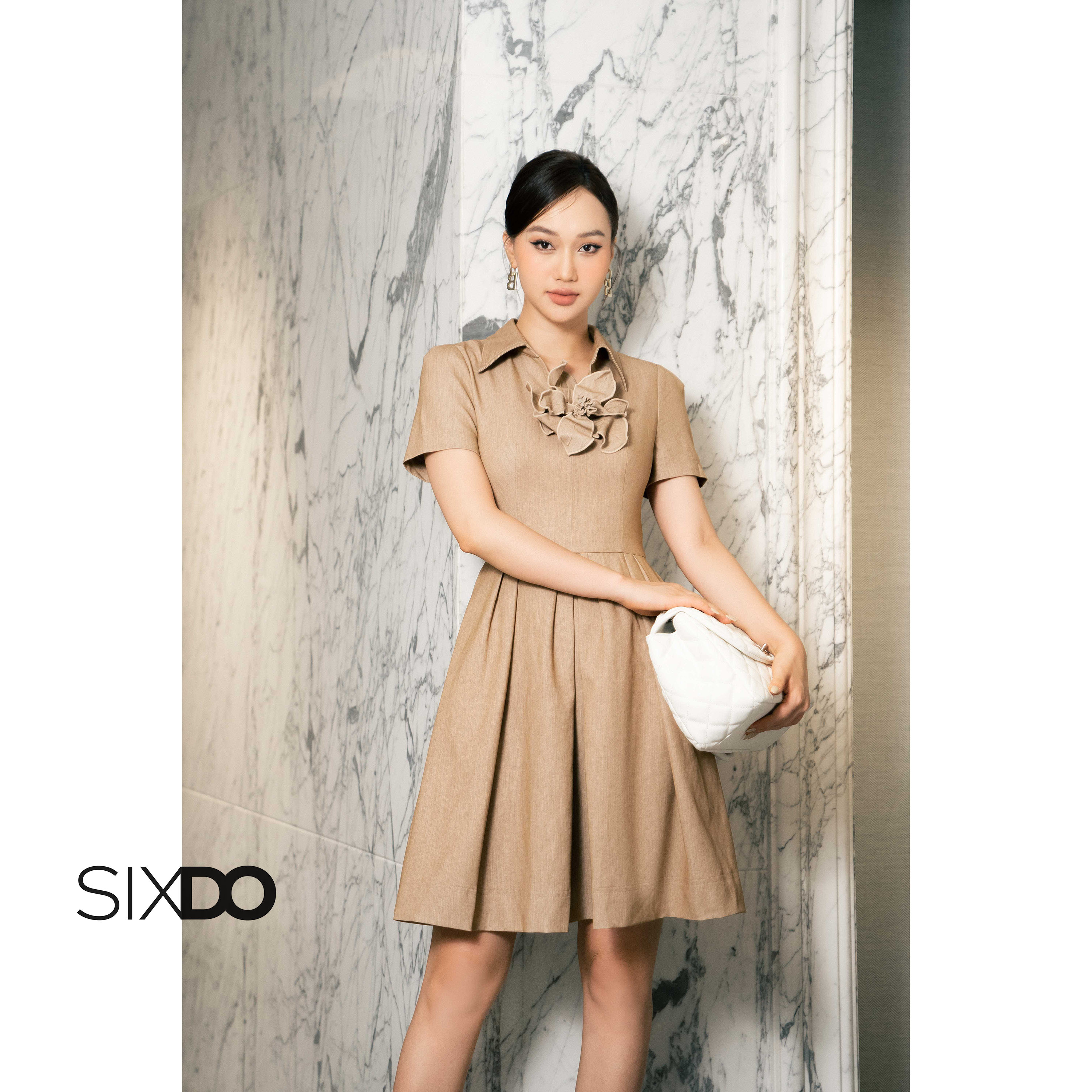Đầm nâu denim cổ sơ mi SIXDO (Brown Johnny Collar Mini Denim Dress)