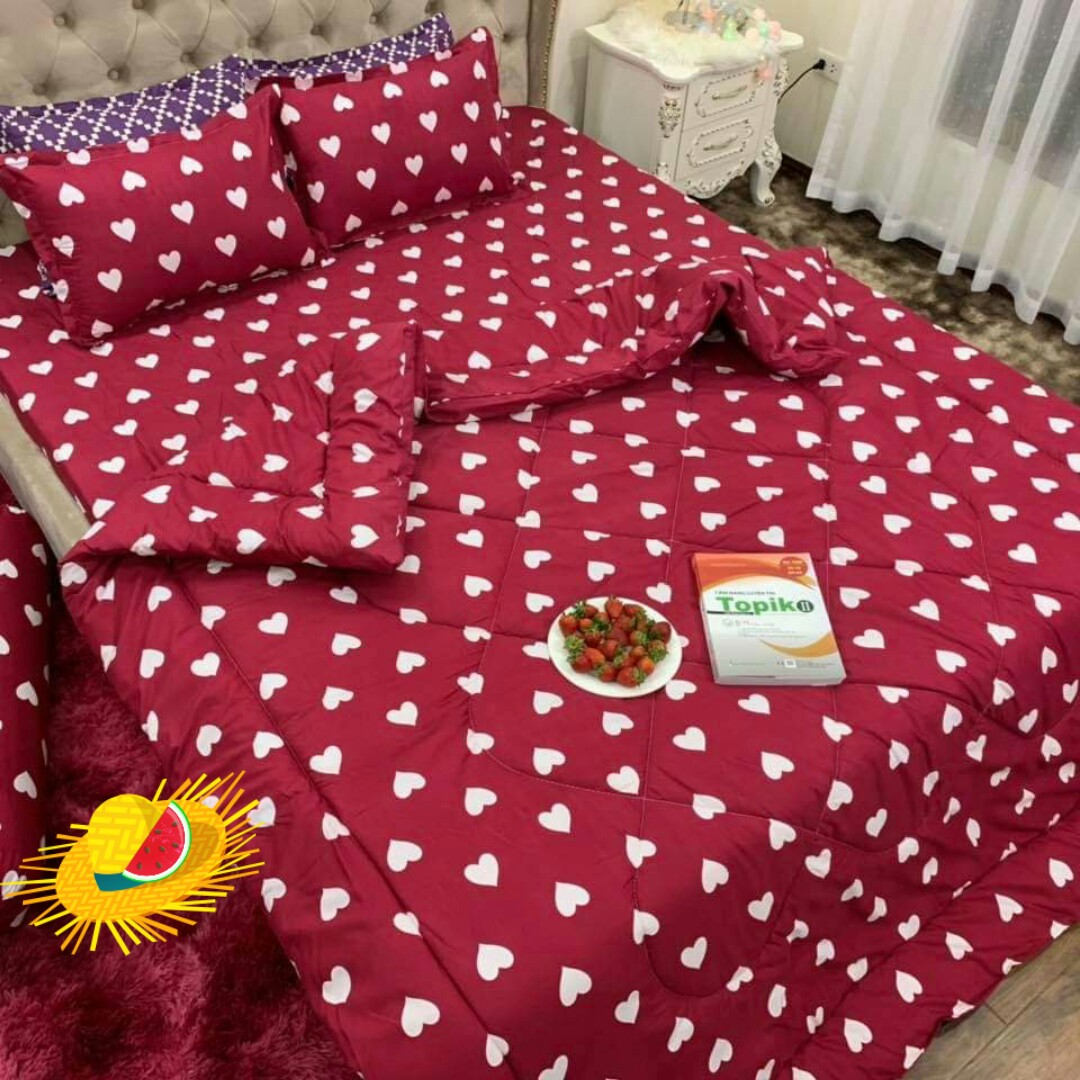 Chăn phao siêu nhẹ cực ấm,đã có ruột bông liền vải cotton poly 1m8x2m họa tiết tim đỏ Bà Béo  Kho chăn ga gối, ga giường, drap giường
