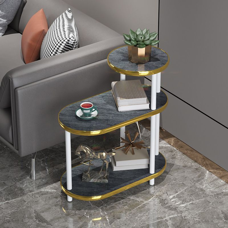 Bàn trà sofa 3 tầng hình chữ nhật bo góc mặt gỗ vân đá màu đen trắng viền vàng - Tap kệ bàn trà để góc sofa decor phòng khách phòng ngủ - WinwinX