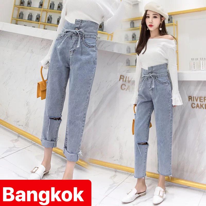 QUẦN JEAN BAGGY NỮ CHẤT BÒ XANH THẮT NƠ LƯNG CAO NÂNG MÔNG HOT TREND THÁI LAN BK 050 - TÝ GOLD 2020
