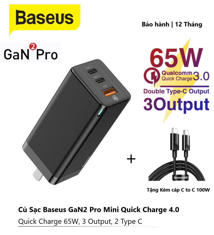 Củ sạc Nhanh BASEUS GaN2 Pro 65W USB C PD 3.0 Sạc nhanh QC 4.0 Type C Bộ sạc nhanh đa năng cho iPhone 12 Samsung Macbook Pro, Laptop,.. 3 cổng [ Free dây C to C 100W ]