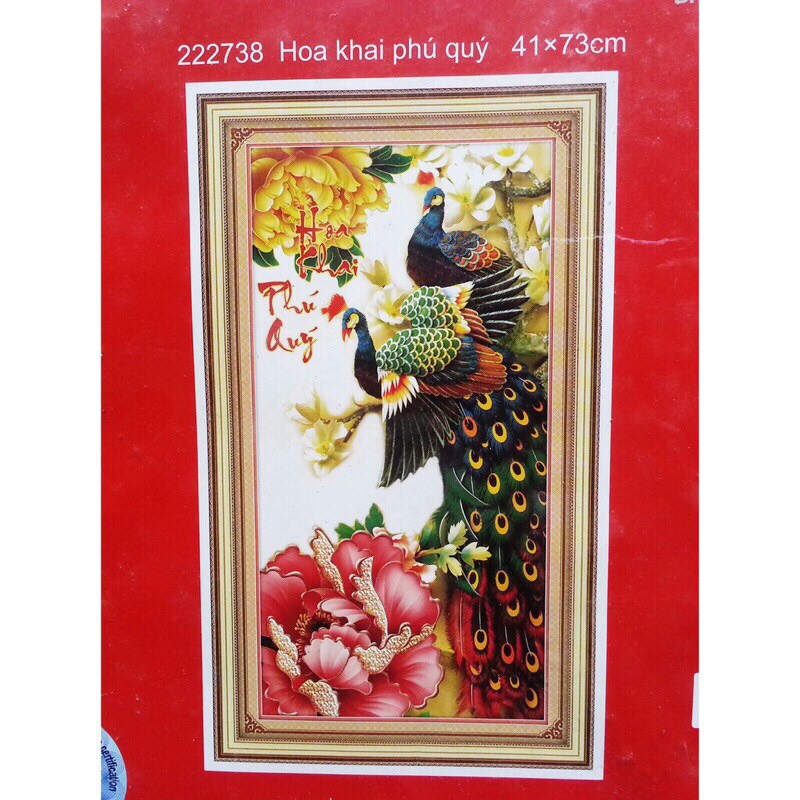 Tranh chưa thêu hoa khai phú quý đôi công 222738 kt 41x73cm