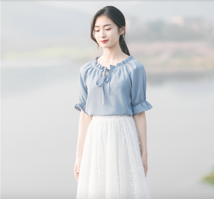 Áo sơ mi nữ cổ bèo thắt nơ tay lỡ chất vải lụa đẹp SP10