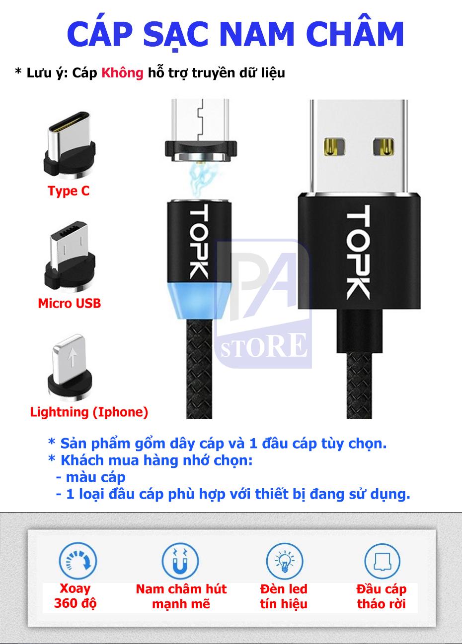 Cáp Sạc Nam châm TOPK, Dài 1 mét, Đầu Thẳng (1 Trong  3 Đầu Iphone Lightning, Micro USB, Type C)