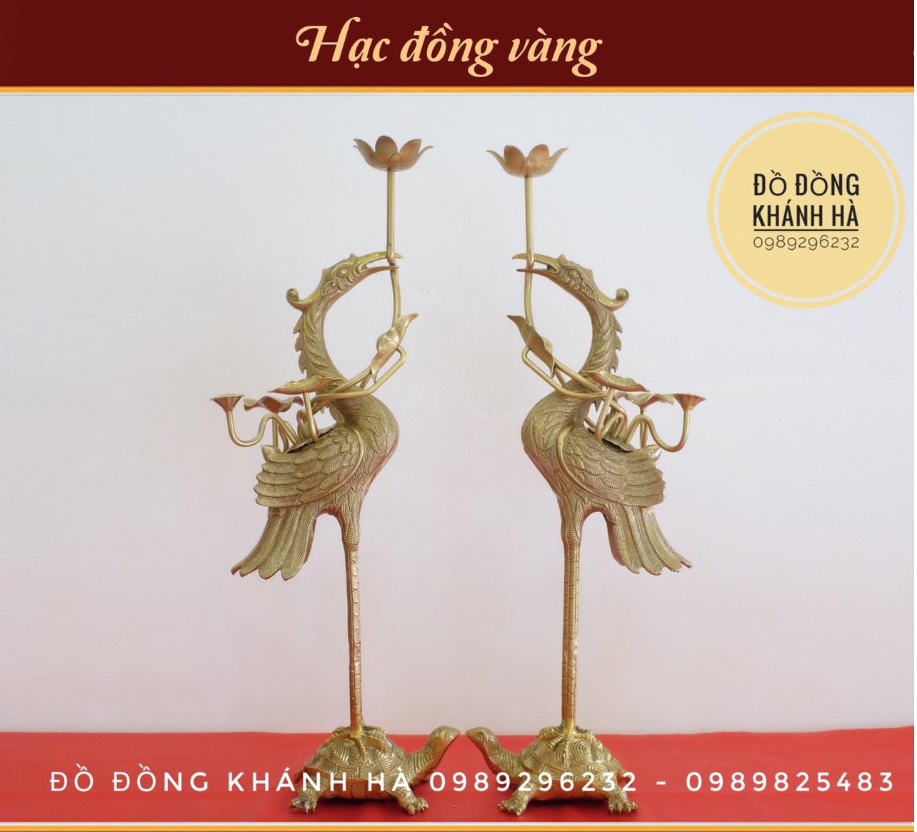 Đôi hạc bằng đồng vàng cao 52cm