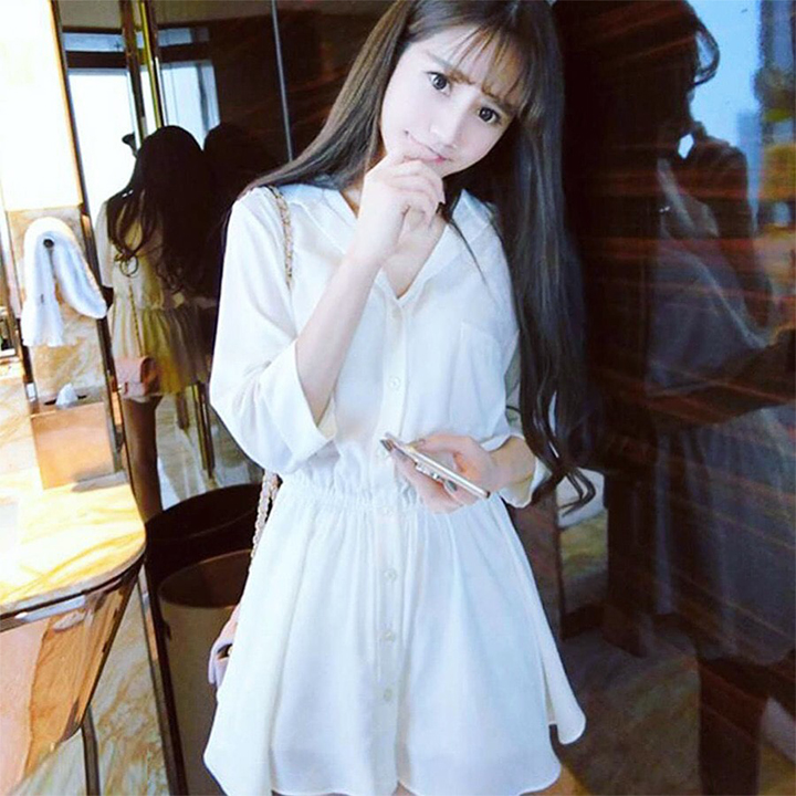 [HCM]Đầm sơ mi trắng tay dài bo eo dạo phố