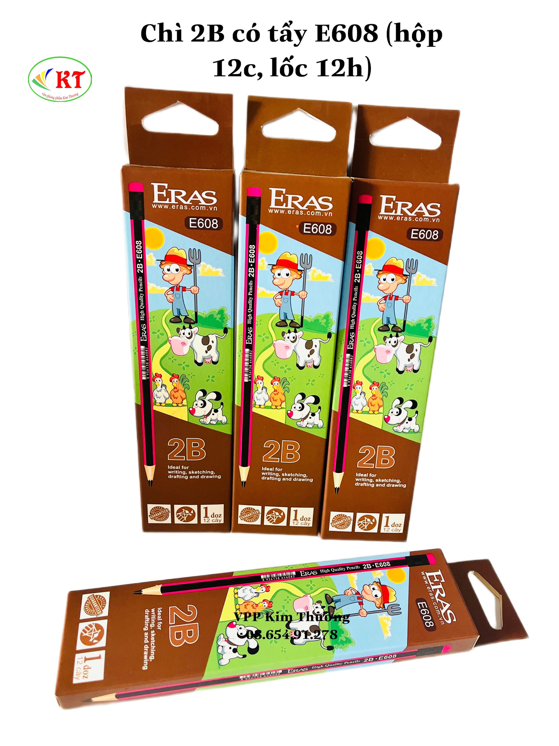 Hộp 12 cây bút chì gỗ Neon 2B Eras có gôm chính hãng