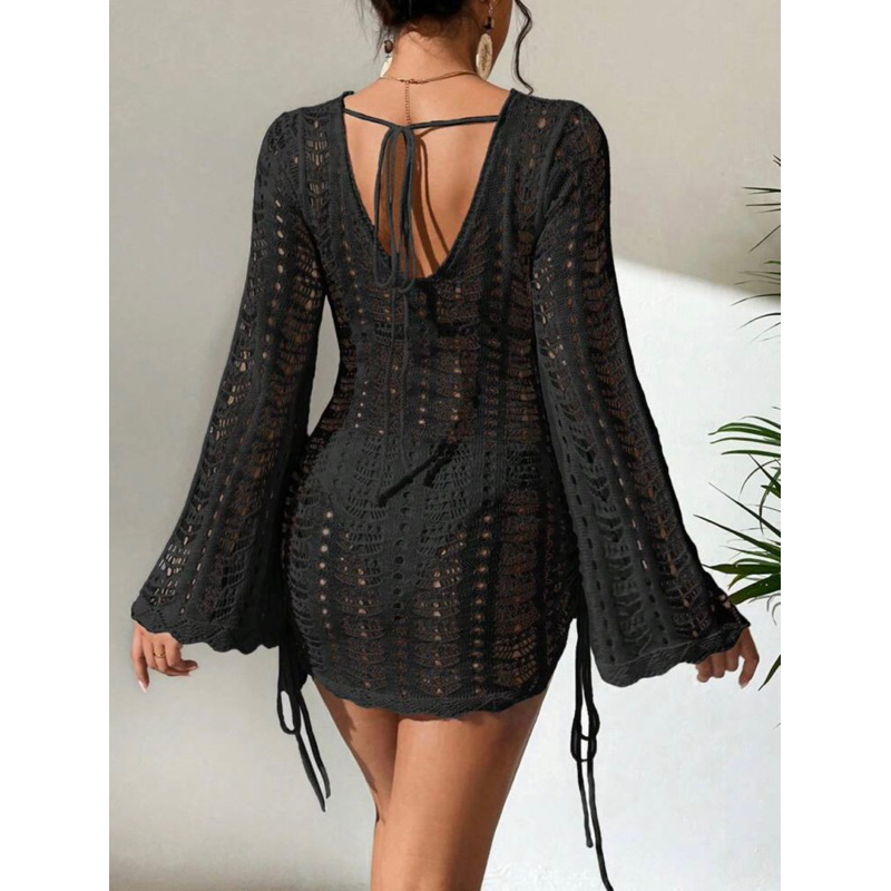 Áo lưới mặc ngoài bikini tay loe hở lưng dáng ngắn mặc 2 kiểu có dây rút form rộng mặc đi bơi đi biển