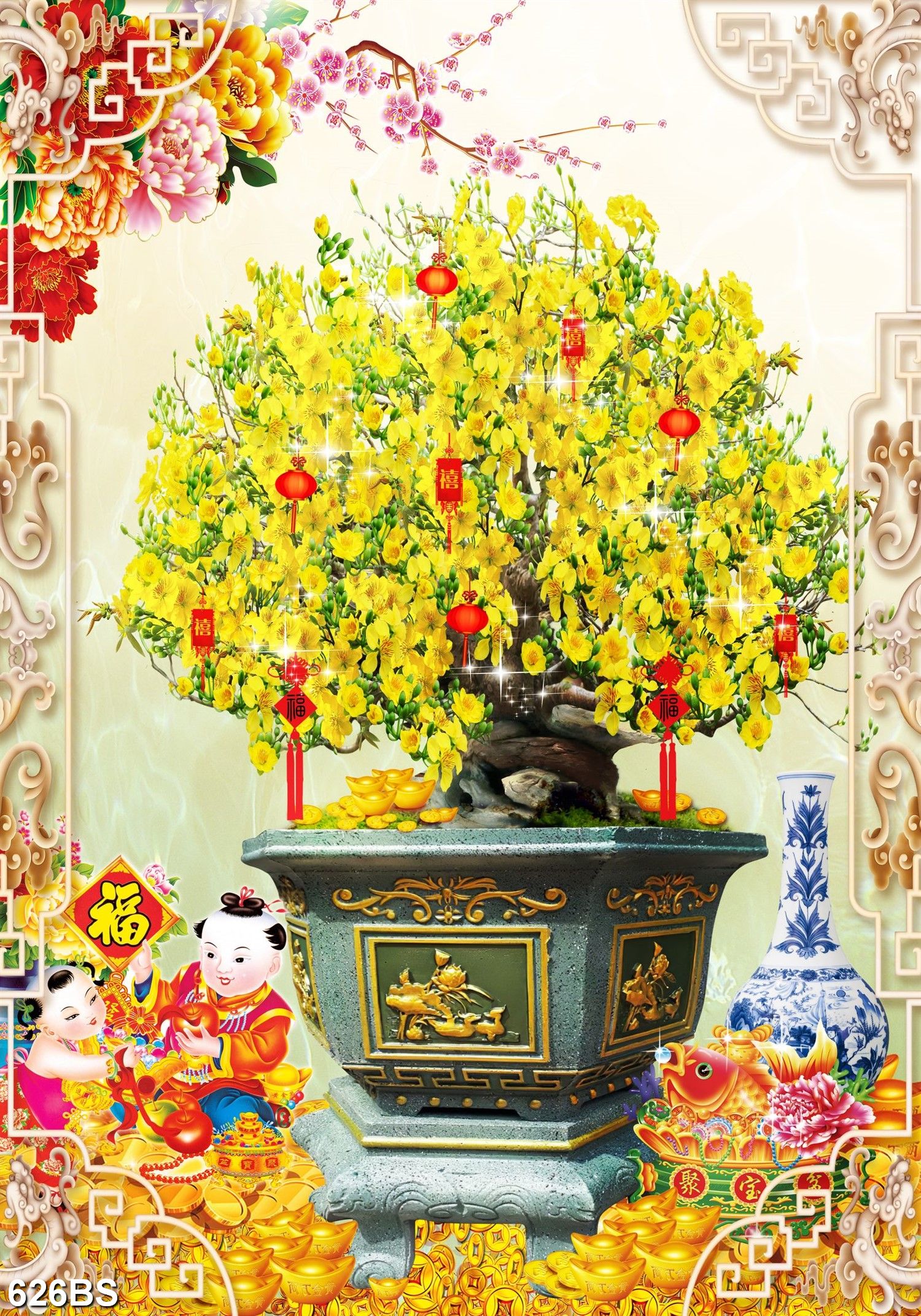 Tranh Dán Tường 3D Cây Mai Ngày Tết -626BS- Có In Theo Yêu Cầu- Tranh 3d Trang trí nhà cửa
