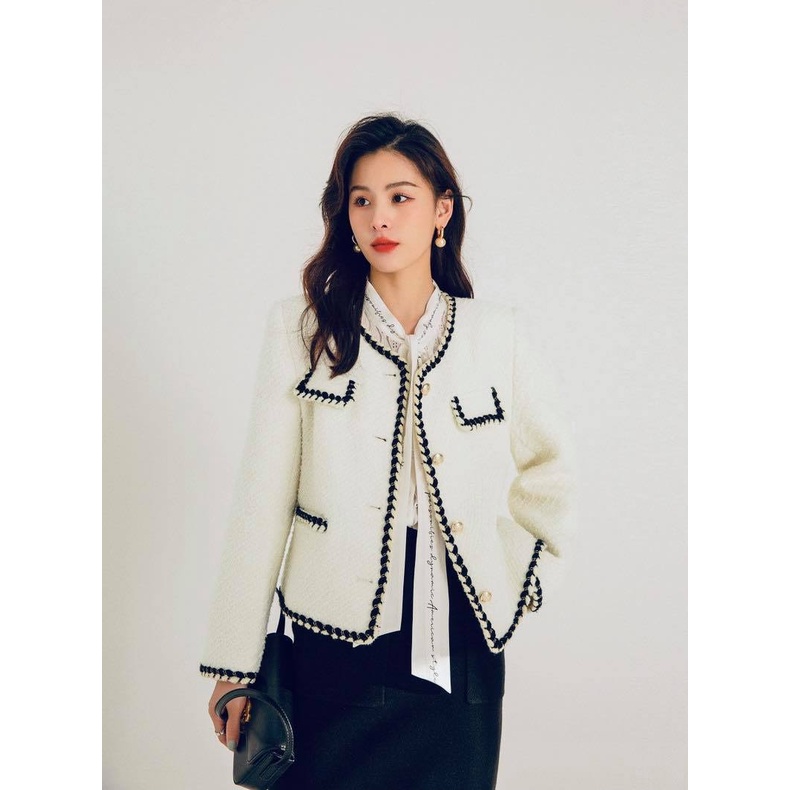 Áo Dạ Tweed Trắng Cổ Tròn Quynh Design
