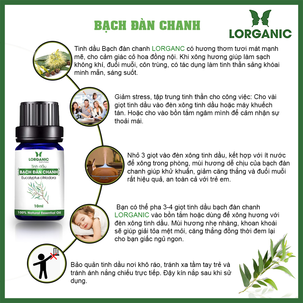 [HCM]Tinh dầu bạch đàn chanh Lorganic Eucalyptus citriodora 10ml, 50ml