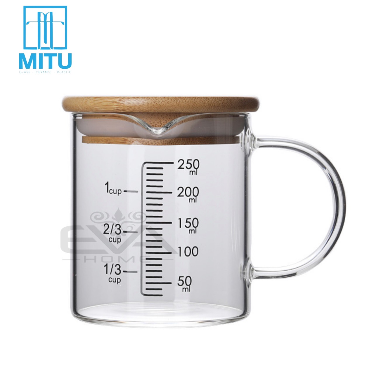 Ly thuỷ tinh chịu nhiệt quai cầm miệng rót có vạch chia đo lường dung tích 250 ml kèm nắp gỗ tre sp4722