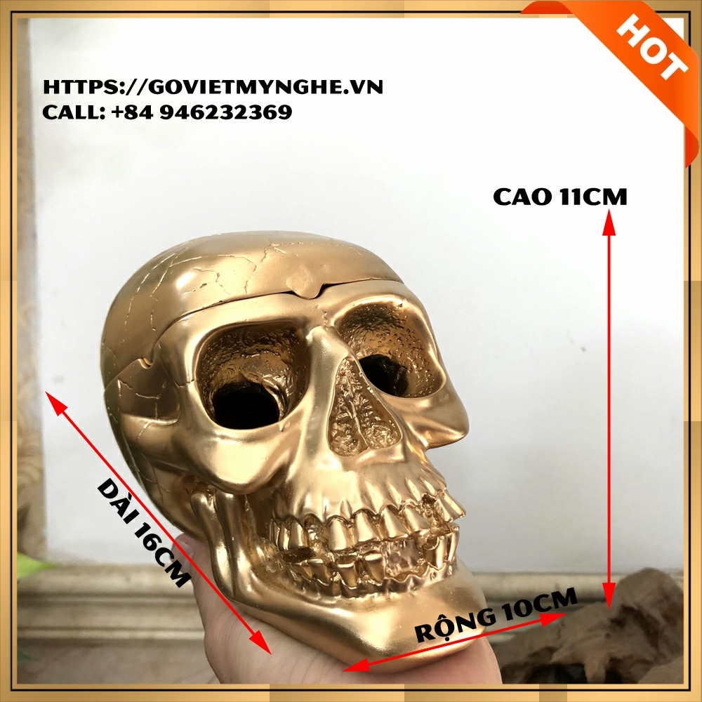Tượng đá trang trí hình đầu lâu - Gạt tàn thuốc trang trí phòng khách hình Đầu Lâu - Màu nhũ đồng - Dài 16cm