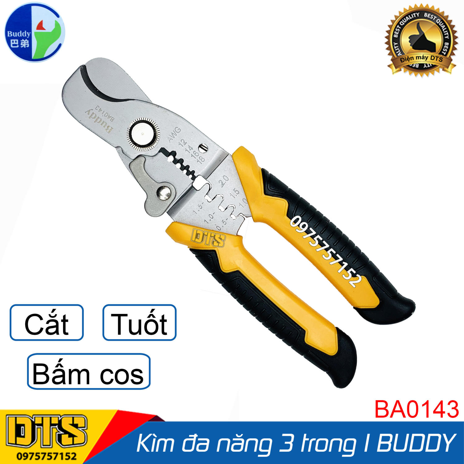 Kìm cắt cáp, kìm cắt dây đa năng cao cấp Nhật 3 trong 1 hãng Buddy BA0143