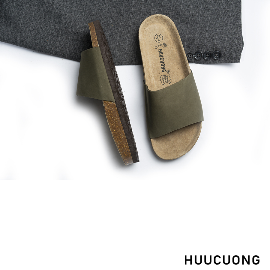 Dép unisex 1 quai da bò rêu đế trấu