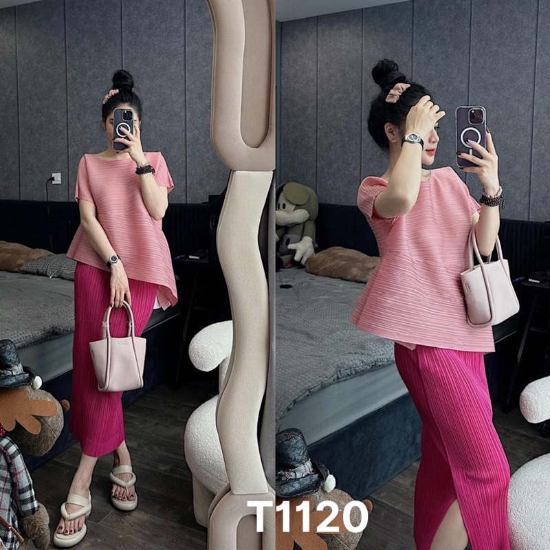 Áo kiểu lụa cánh dơi kèm váy dài bố dạ ống đứng T1120
