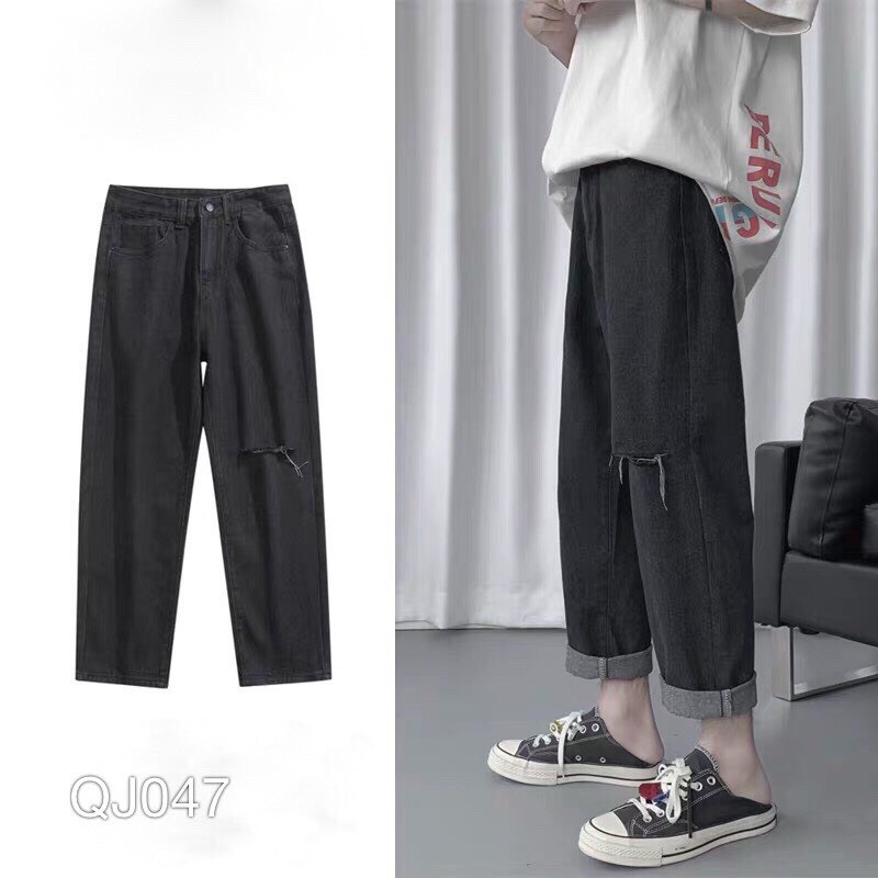 [HCM]Quần baggy Nam màu đen rách gối ống rộng dáng suông