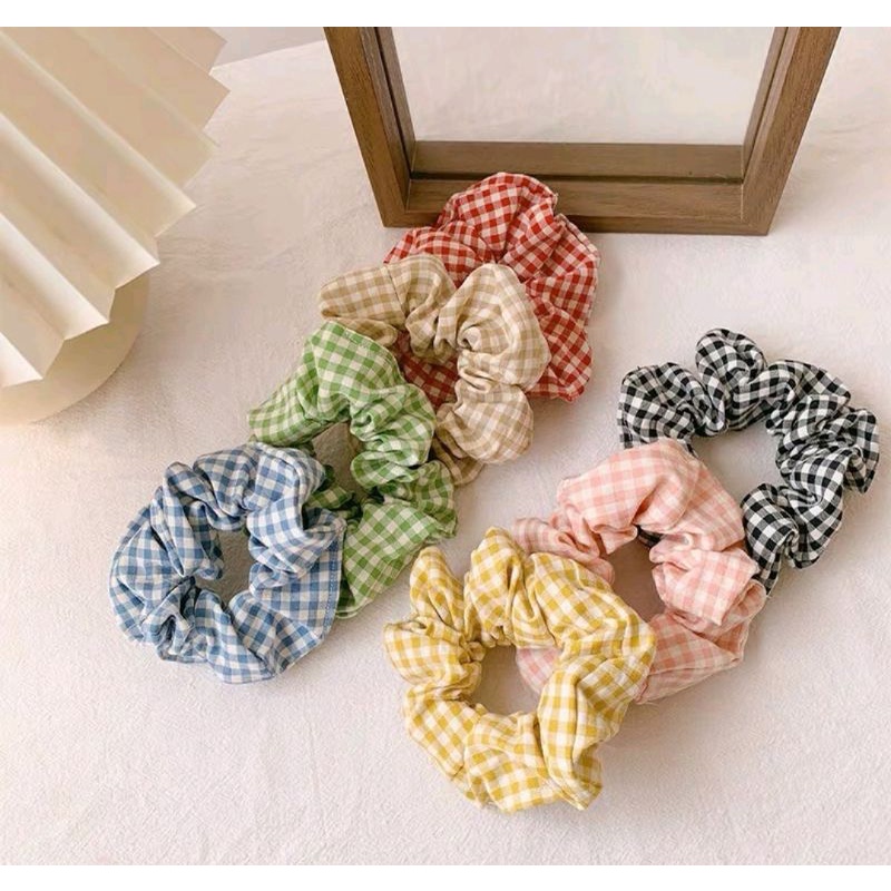 Dây Buộc Tóc, Cột Tóc Vải Scrunchies Caro Cao Cấp