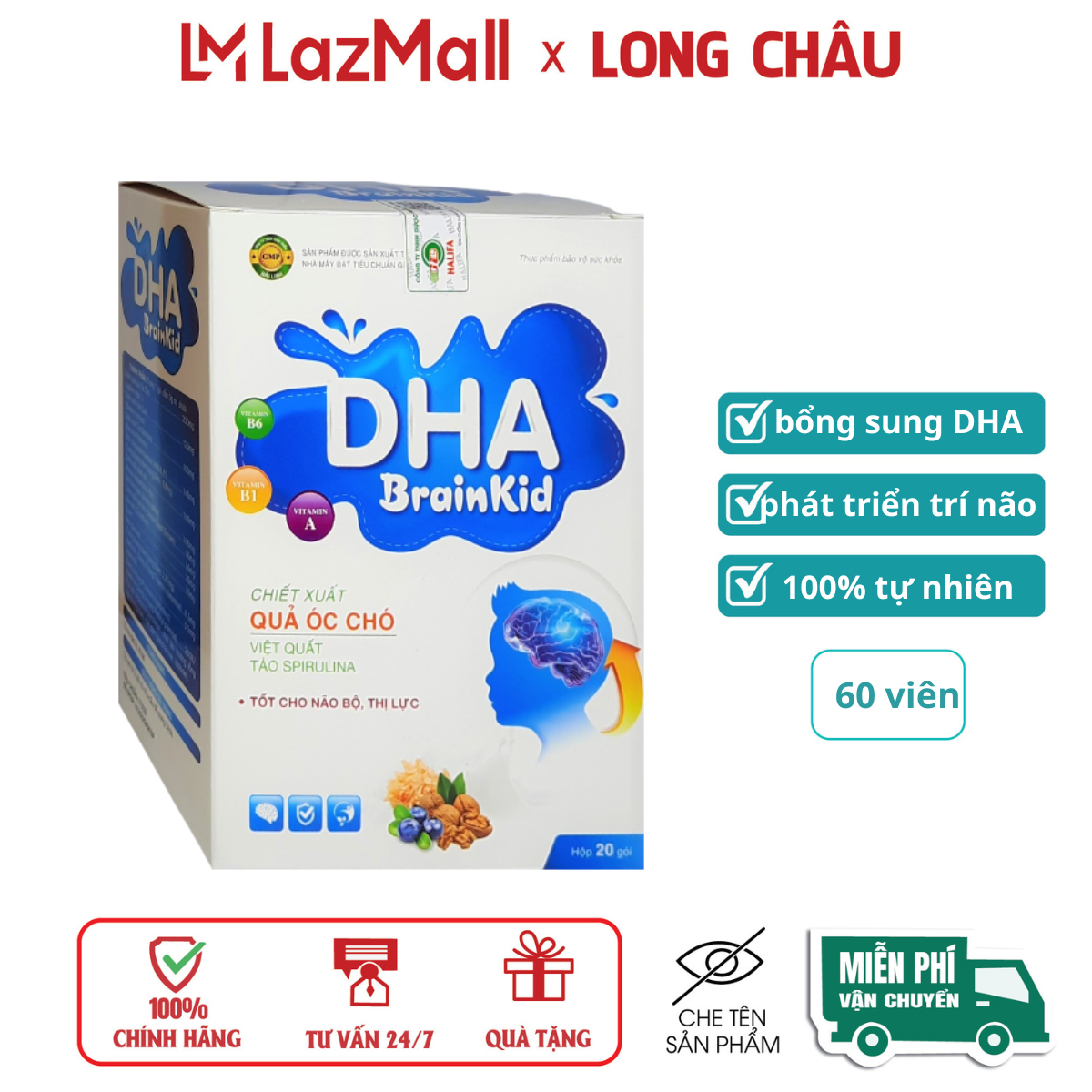 Cốm bổ não dha brain kid giúp phát triển não bộ , tăng cường trí nhớ hộp 20 gói