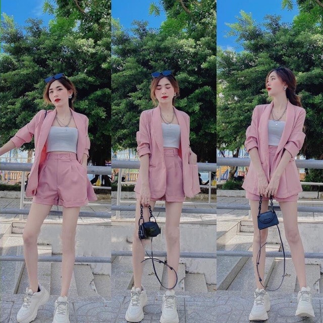 Set áo khoác vest và quần short hồng