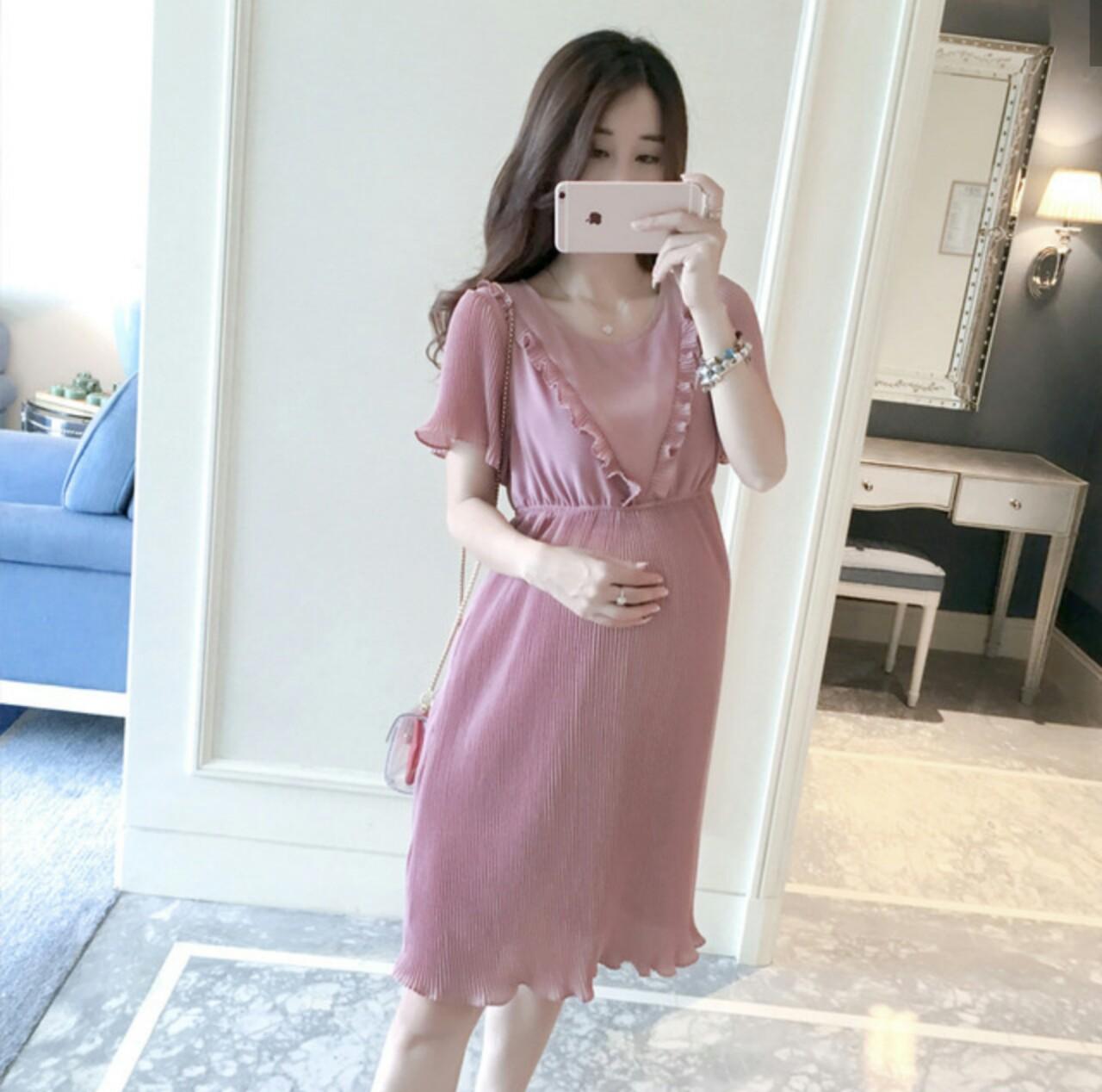 Đầm Bầu Voan Xếp Ly Cổ Bèo