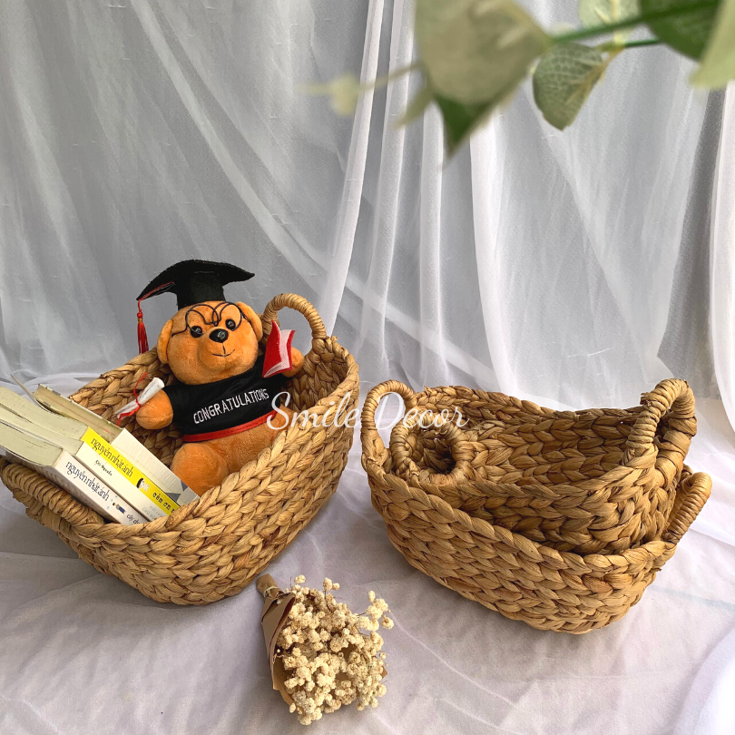 Khay đựng đồ đa năng , cắm hoa đan lục bình Smile Decor hình thuyền có quai cầm tiện dụng