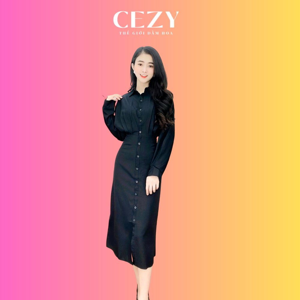 Đầm trơn dáng sơ mi dài tay có size bigsize Cezy D16