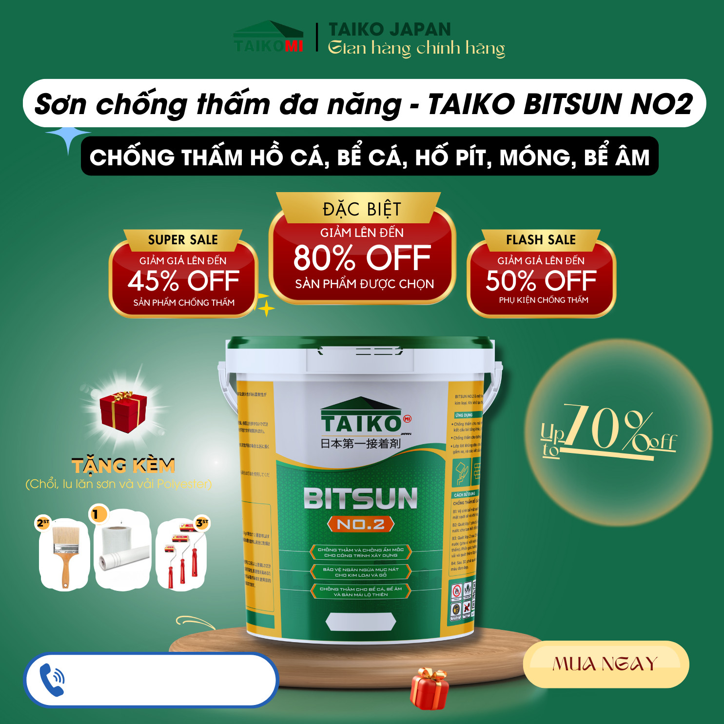 Sơn chống thấm gốc bitum taiko bitsun no.1/ thùng 1 kg - chống thấm bể cá koi, mái nhà, sân thượng, nhà vệ sinh, logia
