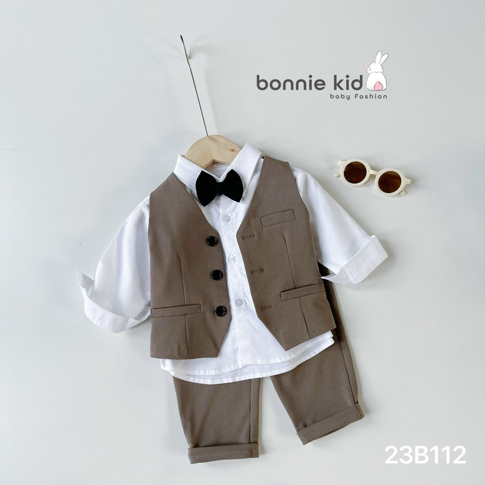 Set công tử 4 chi tiết áo sơ mi, quần âu, áo gile rời kèm nơ cổ cho bé trai đi học,đi chơi BONNIE