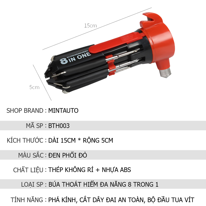 Búa thoát hiểm phá kính đa năng 8 trong 1 tích hợp tua vít và đèn pin cao cấp