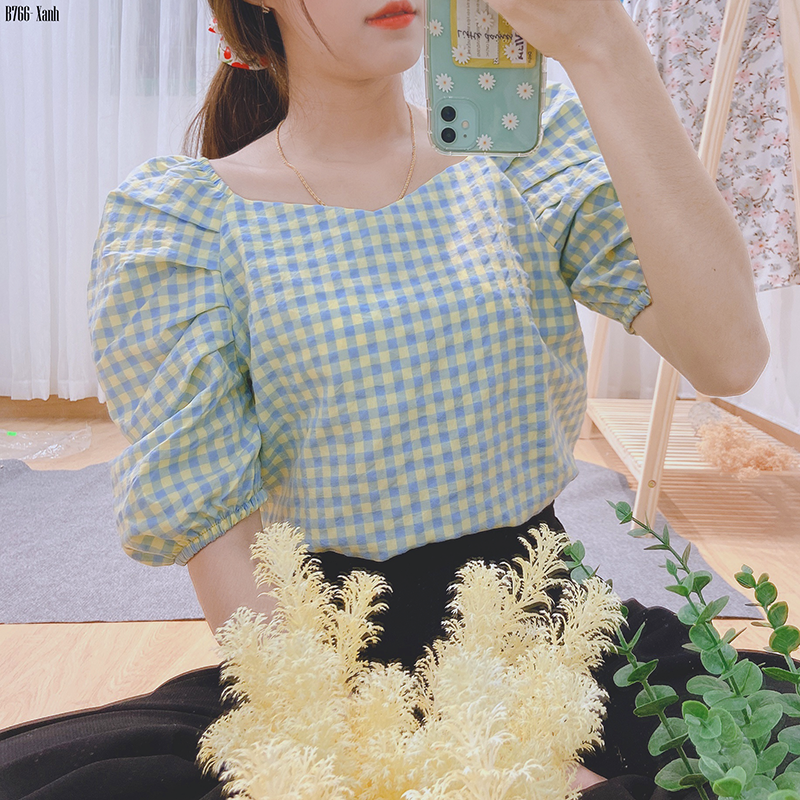 [HCM]B766- Áo caro tay xếp ly bồng