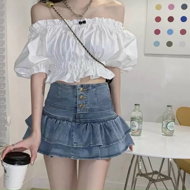 Chân váy jean 2 tầng UCV460 váy ngắn xòe xếp ly lưng cao trẻ trung nút màu xanh jean