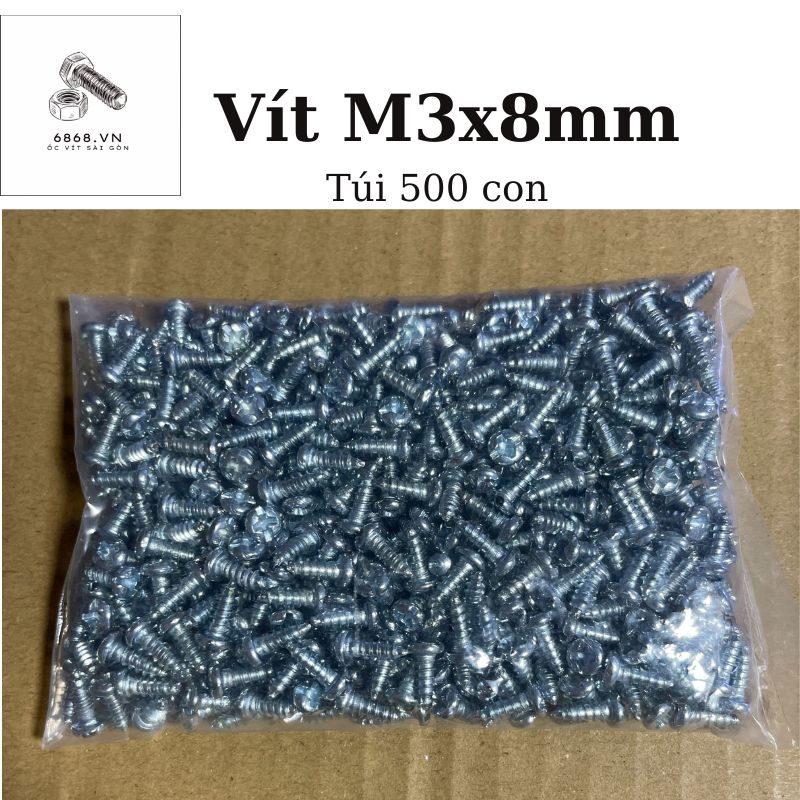 Ốc Vít Nhọn M3x8mm túi 500 con (195g) – Vít Bắt Nhựa, Vít Bắt Gỗ, Vít Sắt, Chống Gỉ