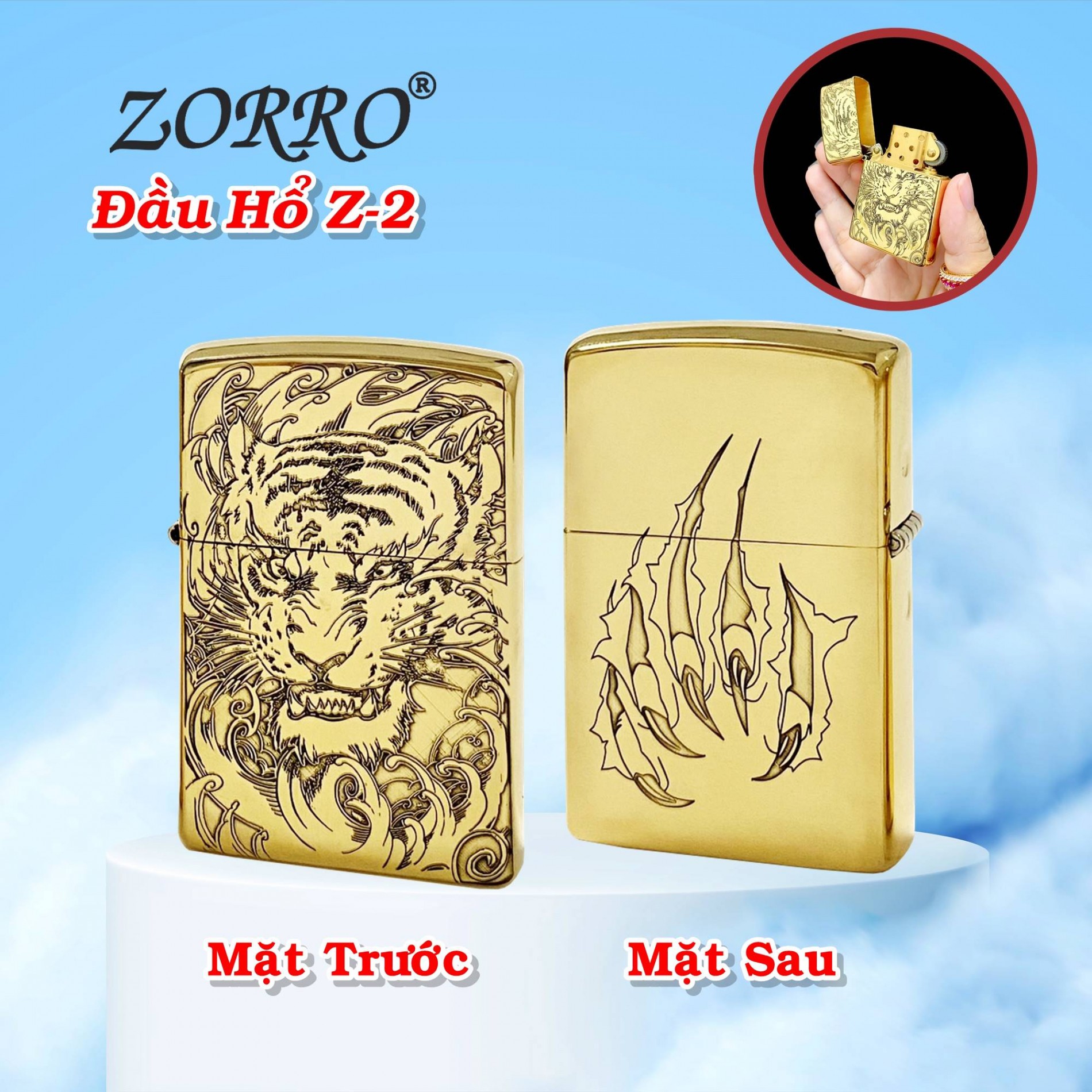 BẬT LỬA ZIPPO KHẮC 2 MẶT HÌNH ĐẦU HỔ RUỘT VÀNG Z-2 (FULL BOX)